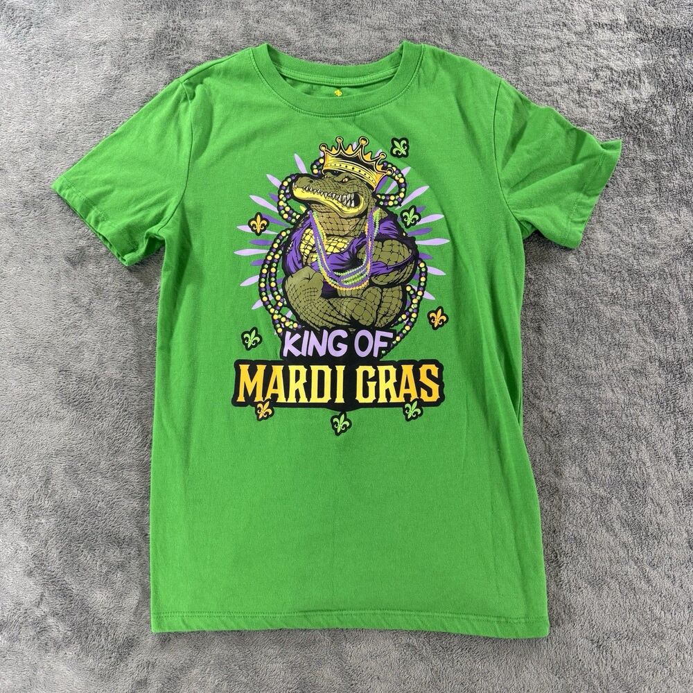 King Of‎ Mardi Gras Tee Alligator Beads Graphic NOLA Large Bright Green